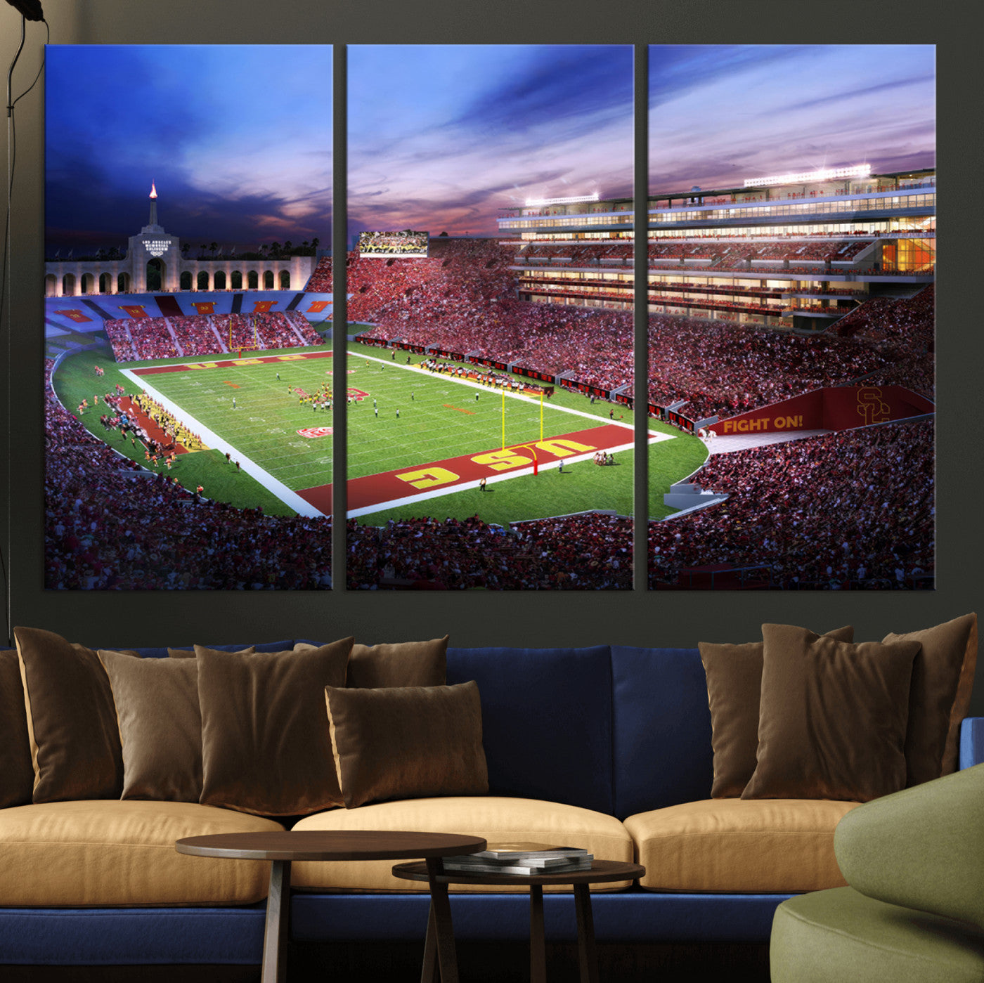 MGV-CV-48X32-3P - The University of Southern California USC Trojans Football Team Print - Los Angeles Memorial