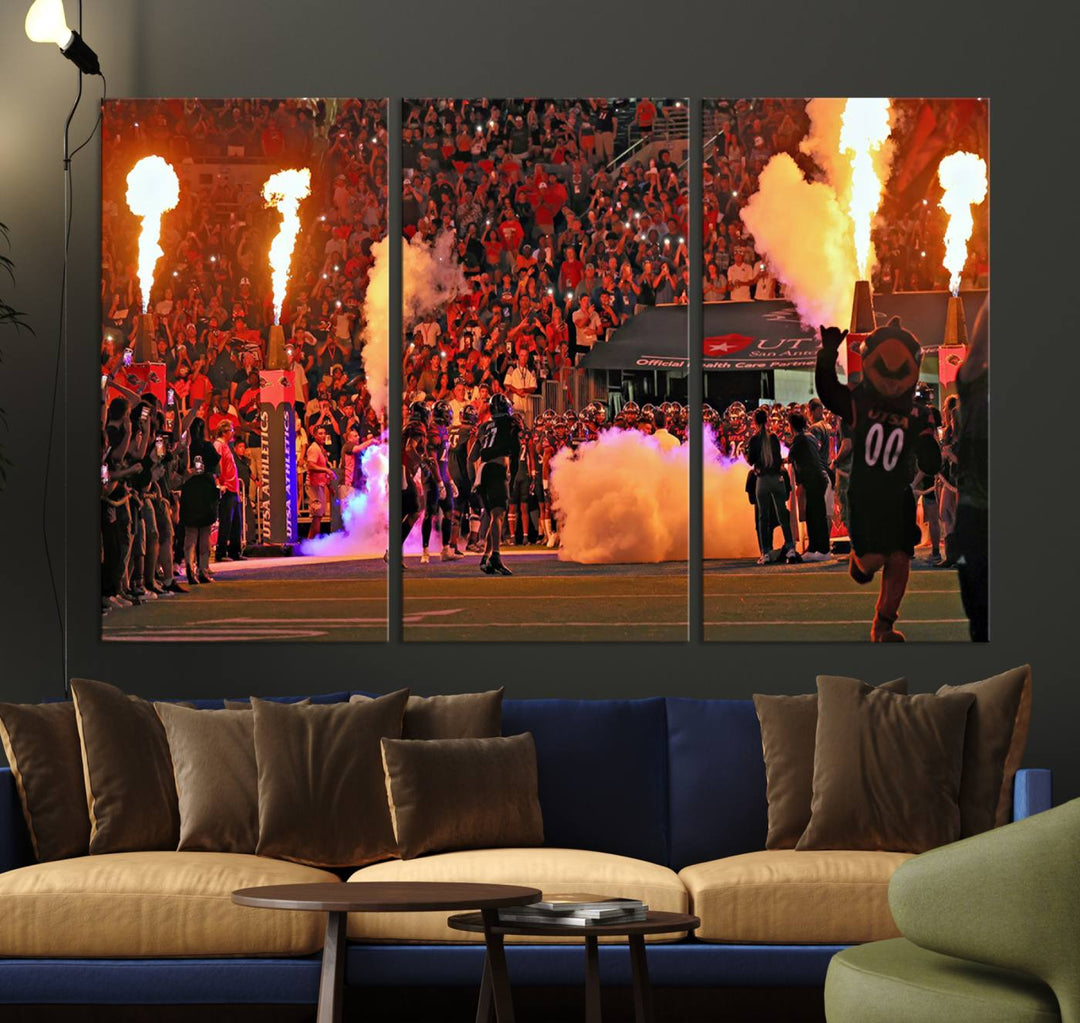 This canvas print captures the UTSA Roadrunners storming the Alamodome under smoke and fire.