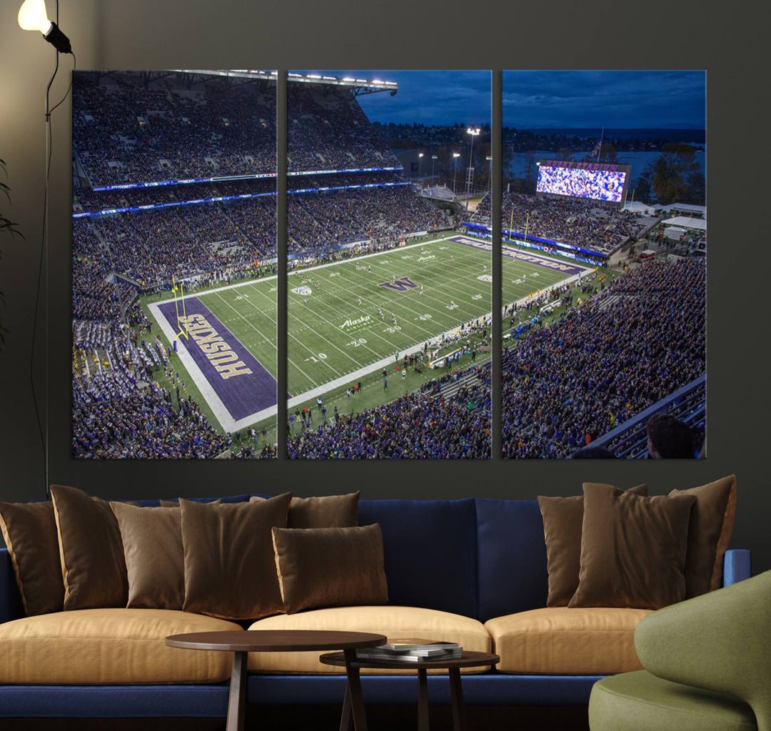 The University of Washington Huskies Football Team Print: Seattle Husky Stadium Wall Art Canvas captures a dusk stadium view.