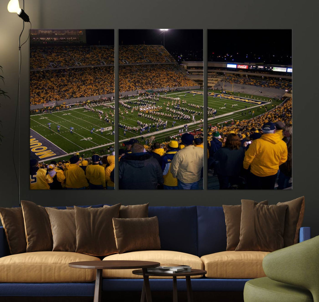 West Virginia Uni Mountaineers Football Team Print - Milan Puskar Stadium Canvas Print Wall Art, Morgantown Print