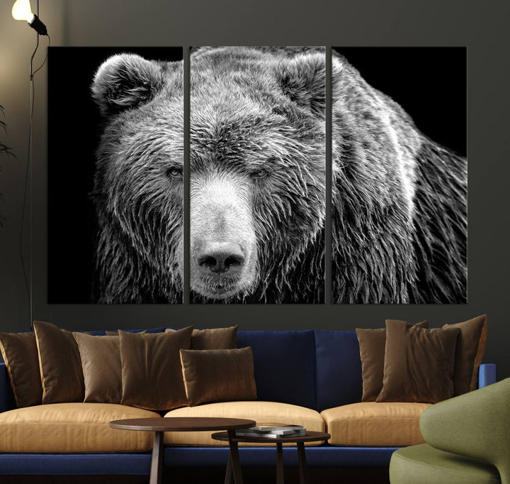 The 399 Grizzly Bear Canvas Print is displayed prominently on a wall in a modern living room.