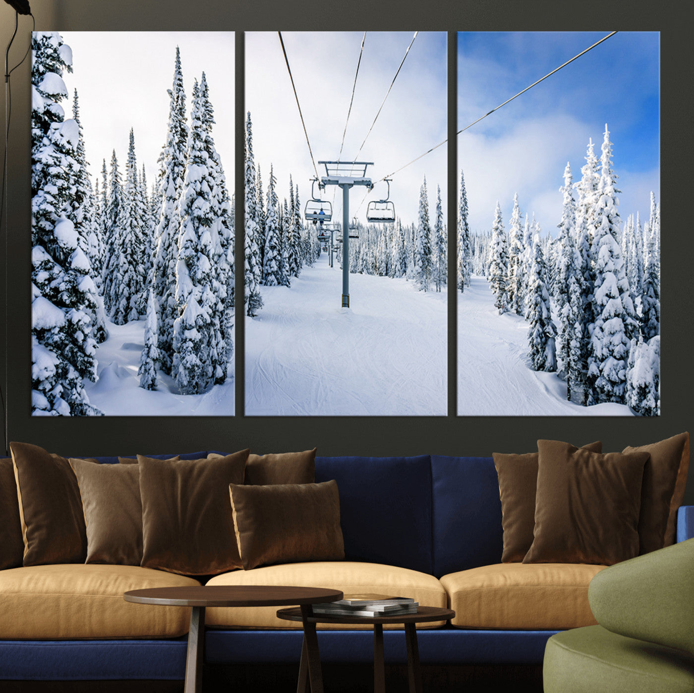 MGV-CV-48X32-3P - Winter Ski Lift Wall Art Print - Landscape Wall Art | Snowy Mountain Adventure | Perfect for Cabin