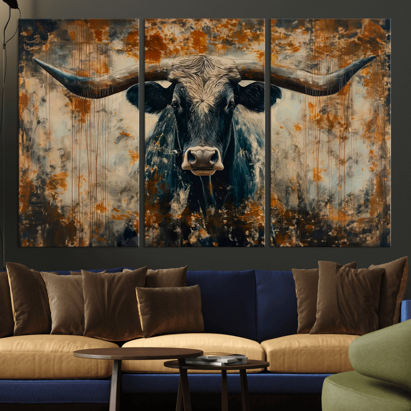 MGV-CV-48X32-3P - Abstract Longhorn Bull Wall Art | Rustic Western Wall Decor | Framed and Ready to Hang | Ideal for