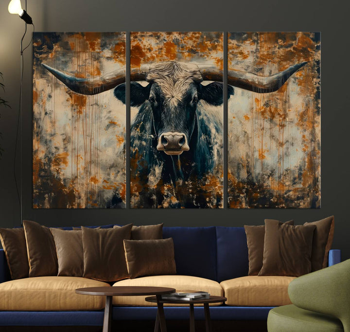 Abstract Longhorn Bull Wall Art | Rustic Western Wall Decor | Framed and Ready to Hang | Ideal for Farmhouse, Lodge, and Barn Decor