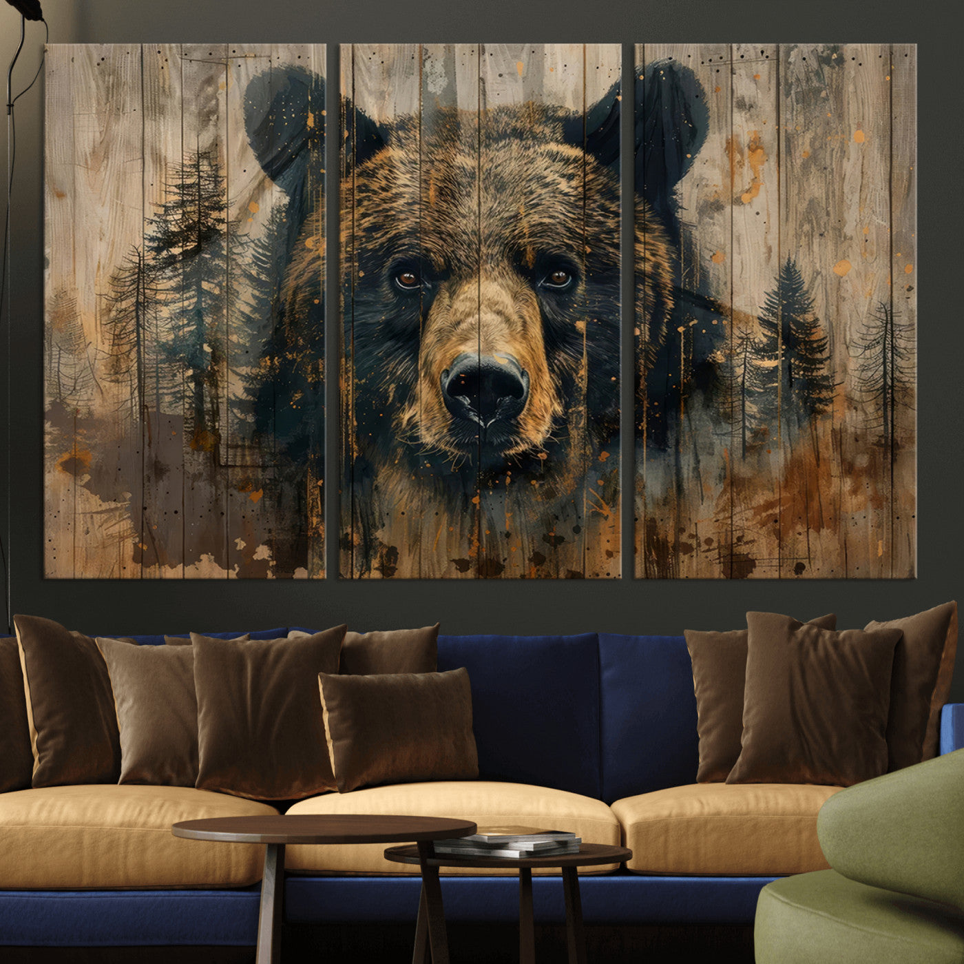 MGV-CV-48X32-3P - Abstract 399 Bear Wall Art | Rustic Cabin Wall Decor with Forest Design | Framed and Ready to Hang |