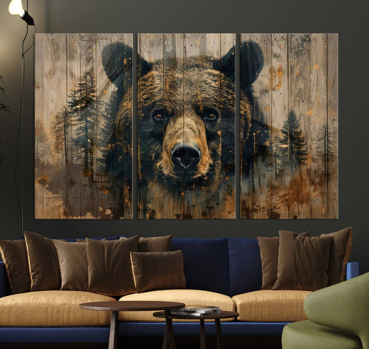 The Abstract 399 Bear Wall Art, featuring a rustic cabin theme with forest design, is framed and ready to hang. It's ideal for lodge, cabin, and barn decor and perfectly complements the nature lover's aesthetic.