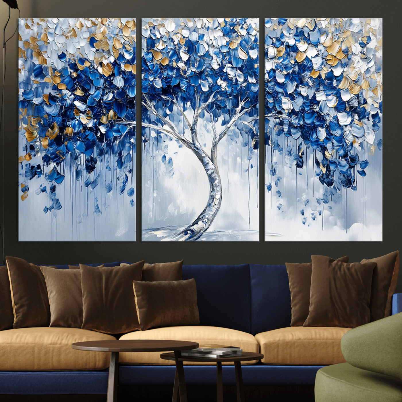 MGV-CV-48X32-3P - Blue and Gold Abstract Tree Wall Art Canvas Print | Modern Tree of Life Painting | Framed Canvas