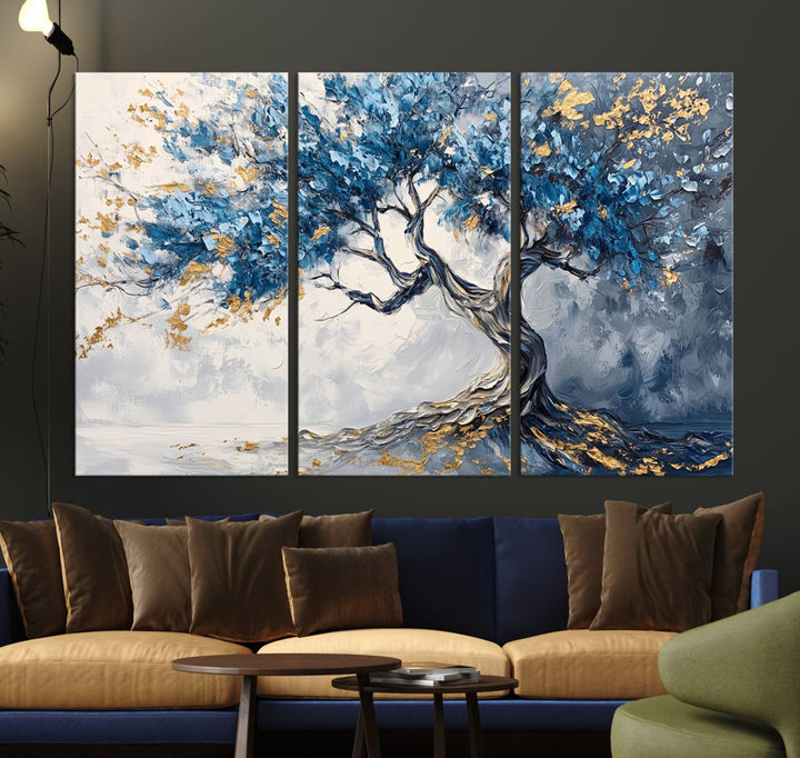 Elegant Abstract Tree Canvas Wall Art | Tree of Life Painting | Textured Art in Blue and Gold | Framed & Ready to Hang for Modern Living Room Decor