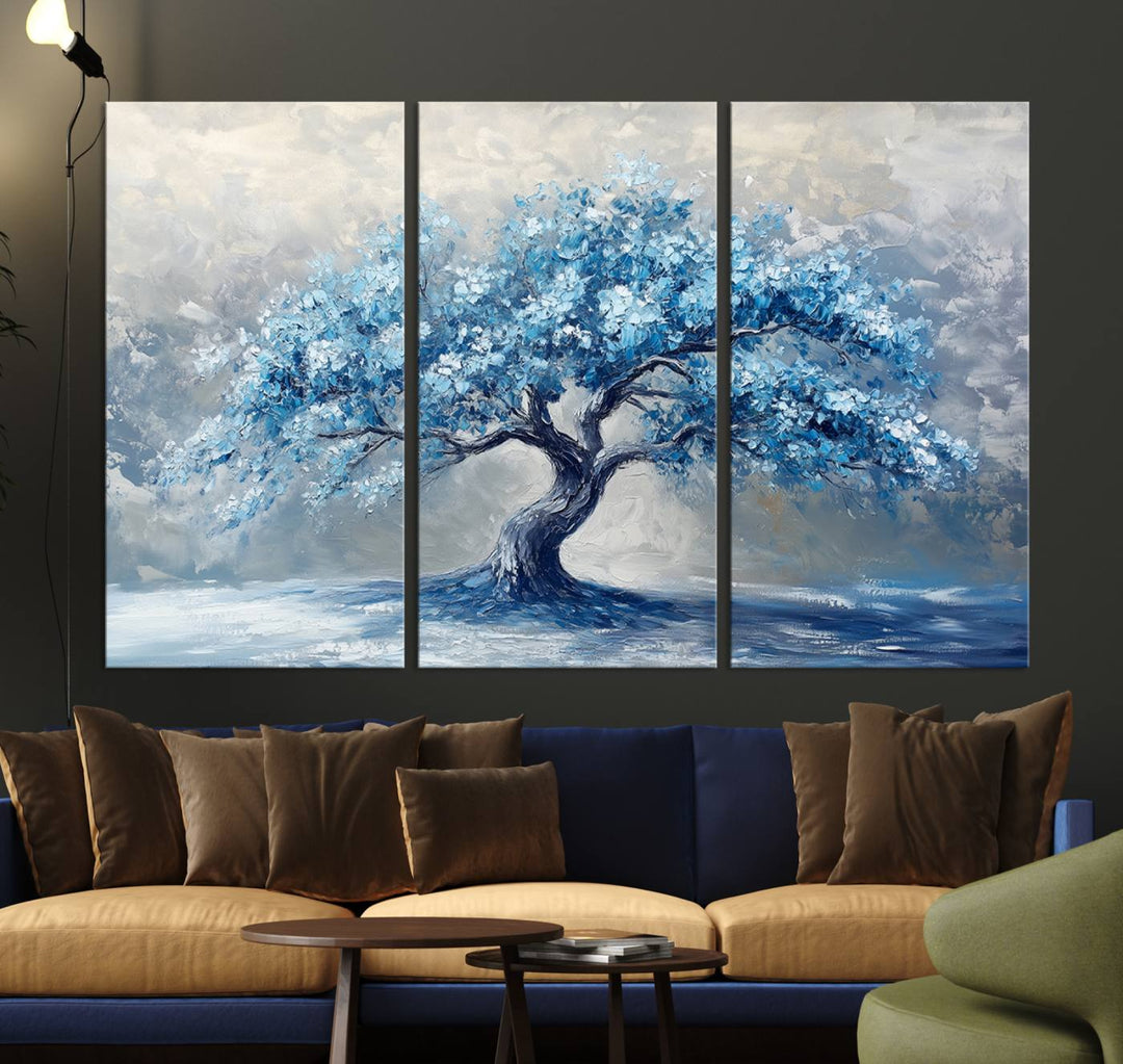 Serene Abstract Blue Tree Wall Art | Canvas Print of a Majestic Tree in Blue Hues | Perfect for Farmhouse, Coastal, and Modern Decor