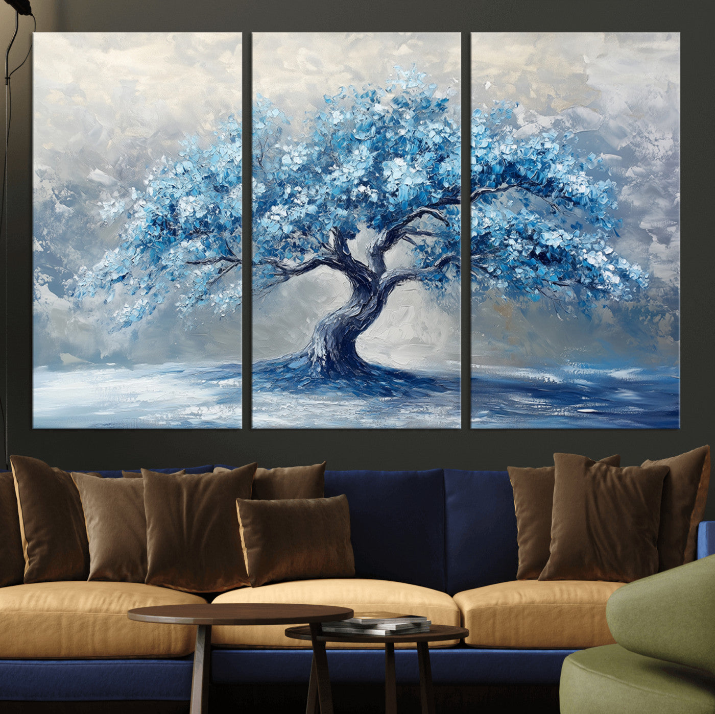 MGV-CV-48X32-3P - Abstract Blue Tree Art Canvas Print, Majestic Tree Wall Art Print for Farmhouse Decor