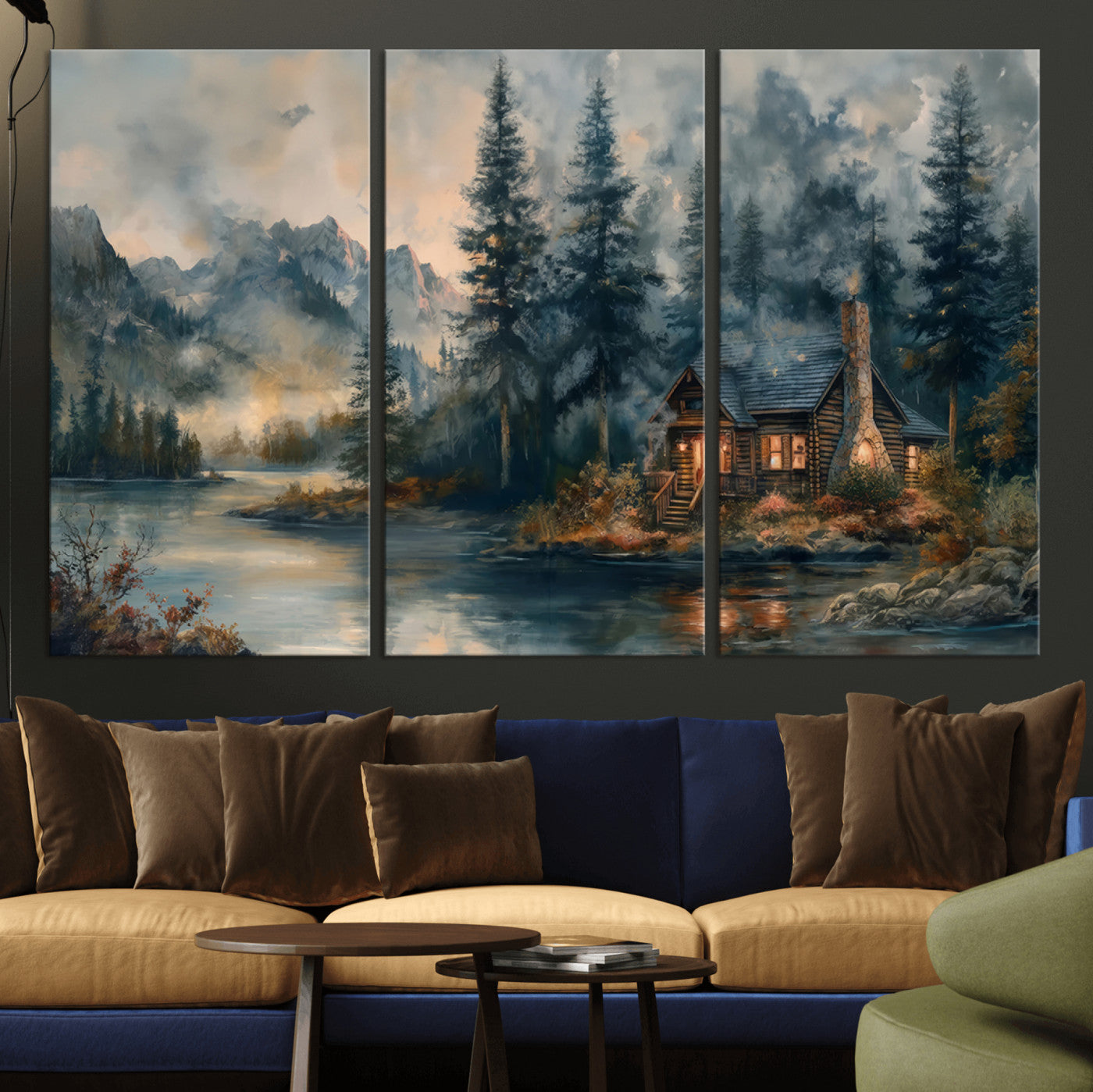 MGV-CV-48X32-3P - Rustic Cabin Woods Wall Art Print | Lake in a Forest Canvas Print | Cabin, Lodge, and Farmhouse