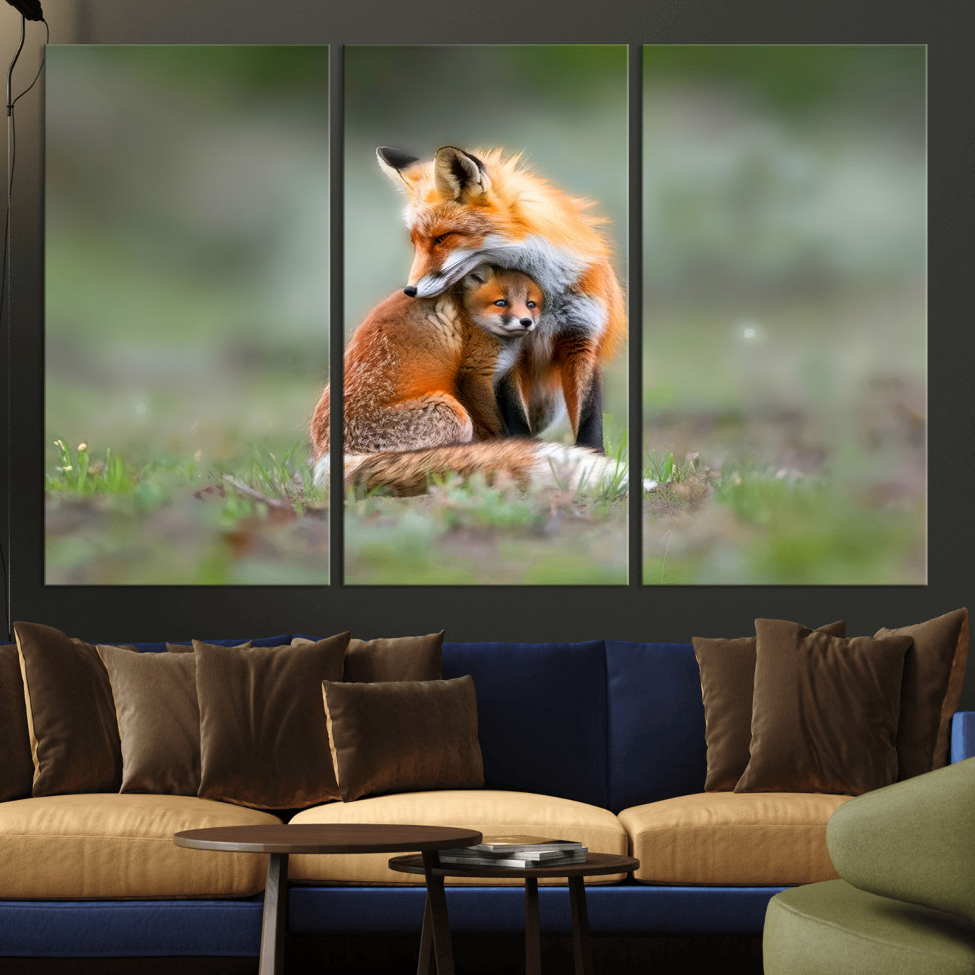 MGV-CV-48X32-3P - Heartwarming Fox and Baby Cub Wall Art | Ready to Hang Canvas Print of Foxes in Nature | Perfect for