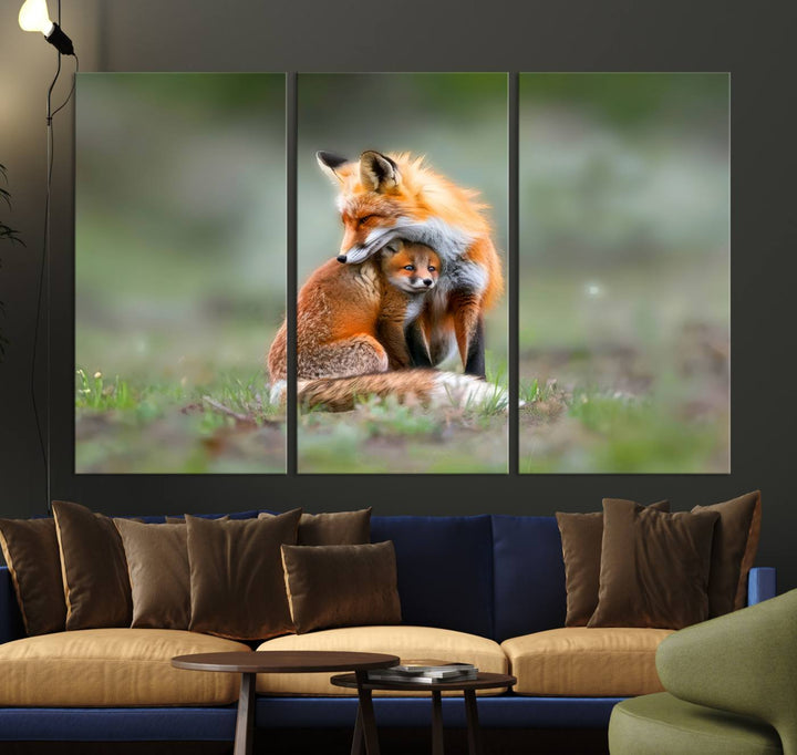 Heartwarming Fox and Baby Cub Wall Art | Ready to Hang Canvas Print of Foxes in Nature | Perfect for Animal Lovers, Rustic Decor, and Cabin Wall Art