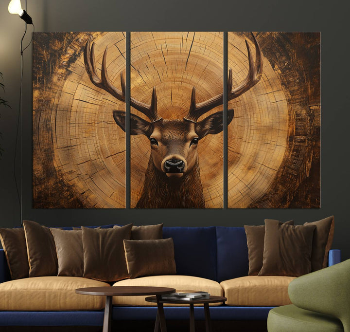 Deer Wall Art Canvas Print | Ready to Hang Canvas Print of a Stag with Rustic Tree Rings | Perfect for Farmhouse Wall Decor, Cabin Wall Art