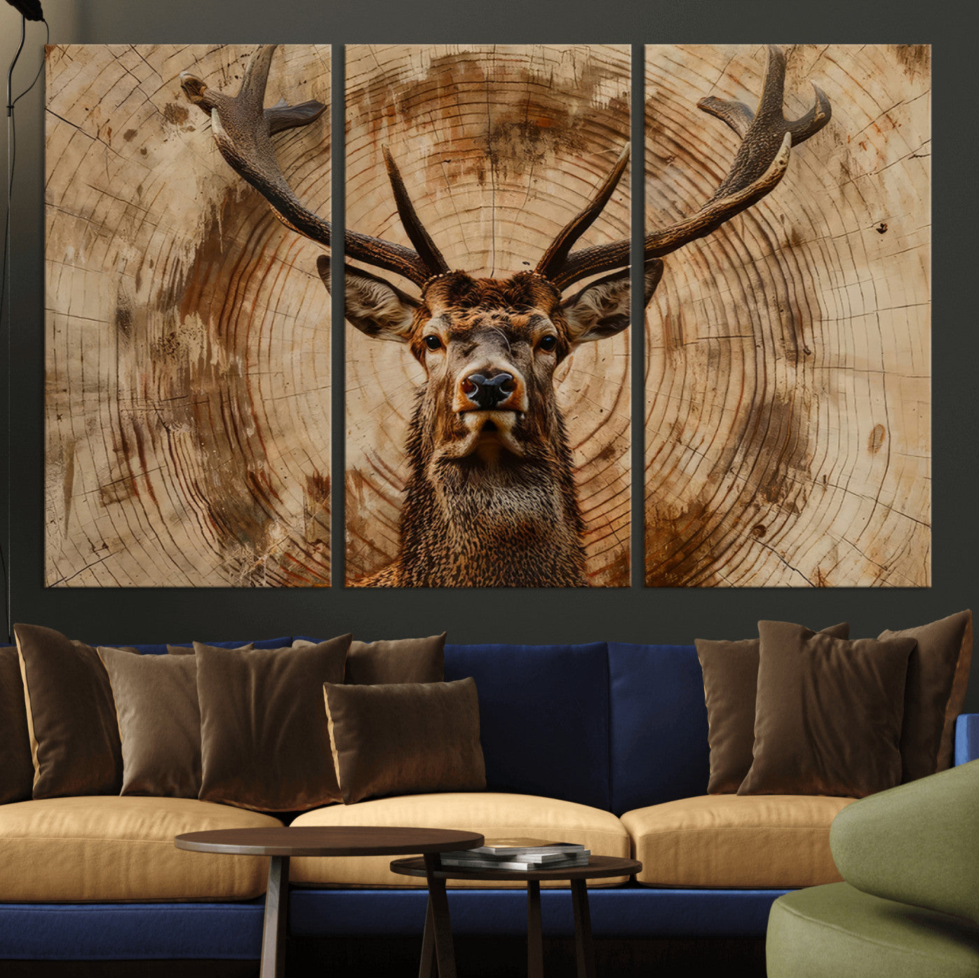 19375-MGV-CV-36X24-Wood Abstract Deer Wall Art | Rustic Wildlife Canvas Print | Ready to Hang Stag Head Triptych for