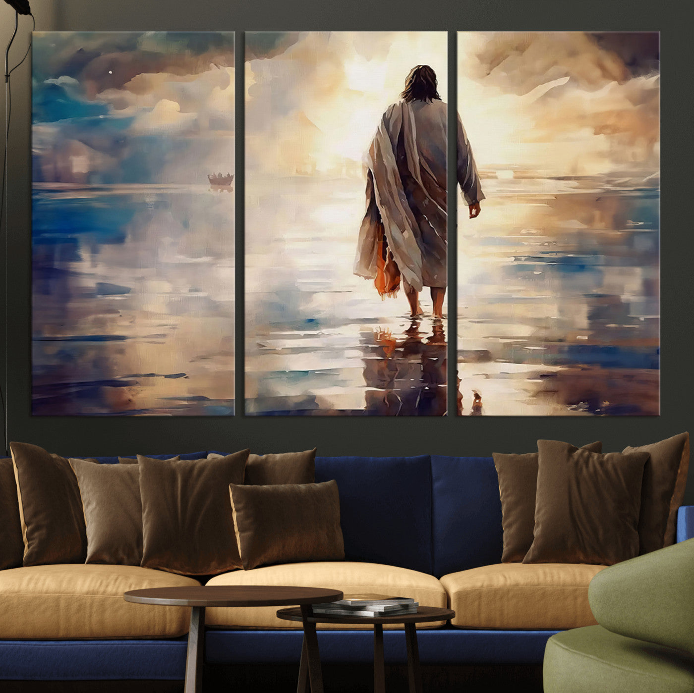 MGV-CV-48X32-3P - Jesus Walking on Water Wall Art | Ready to Hang Spiritual Triptych Canvas Print | Inspirational