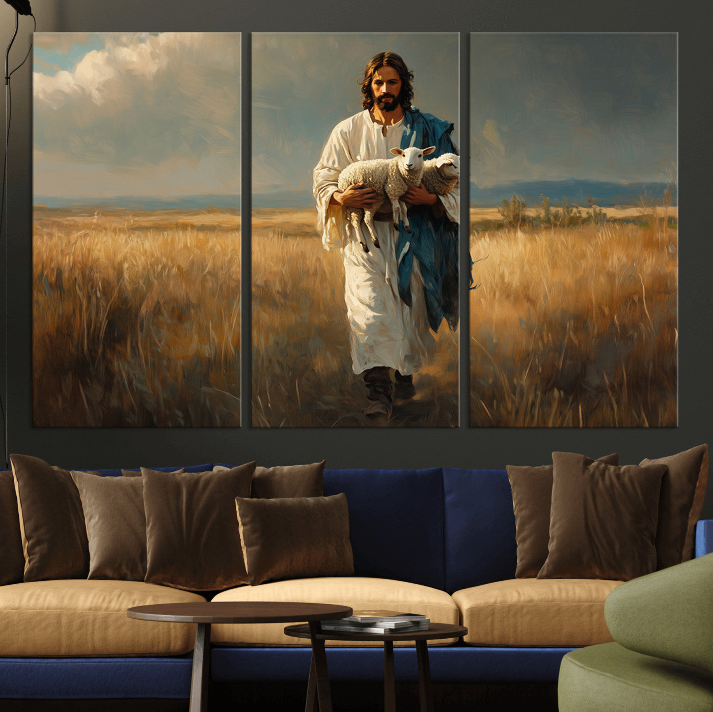 36769-MGV-CV-36X24-Jesus Shepherd Wall Art | Ready to Hang Triptych Canvas of Jesus Holding a Lamb in a Field |