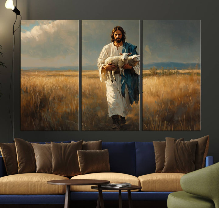 Jesus Shepherd Wall Art | Ready to Hang Triptych Canvas of Jesus Holding a Lamb in a Field | Inspirational Christian Decor for Home