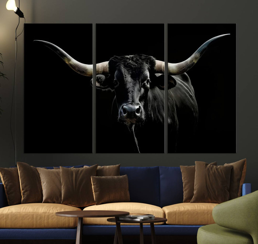 Texas Black Longhorn Bull Wall Art Canvas Print - Western Texas Cattle Rustic Decor Print - Longhorn Cow Wall Art