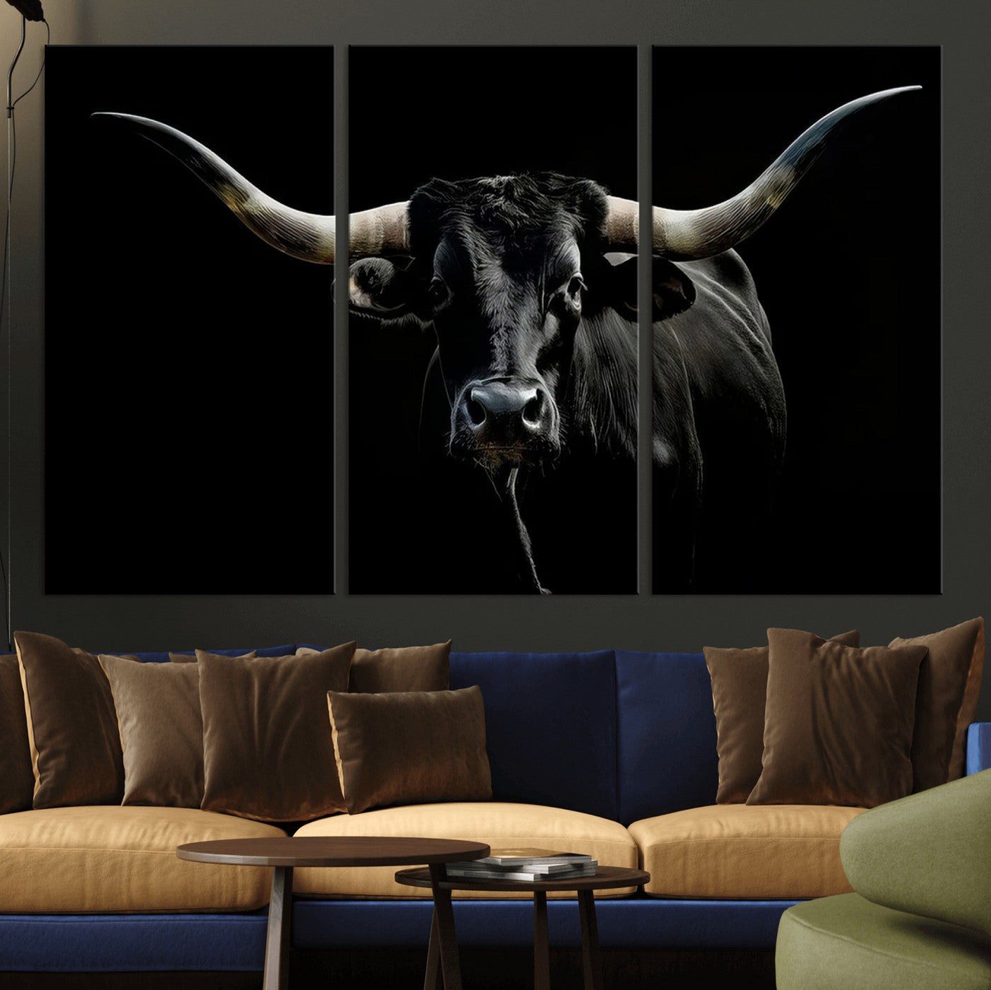 MGV-CV-48X32-3P - Texas Black Longhorn Bull Wall Art Canvas Print - Western Texas Cattle Rustic Decor Print - Longhorn