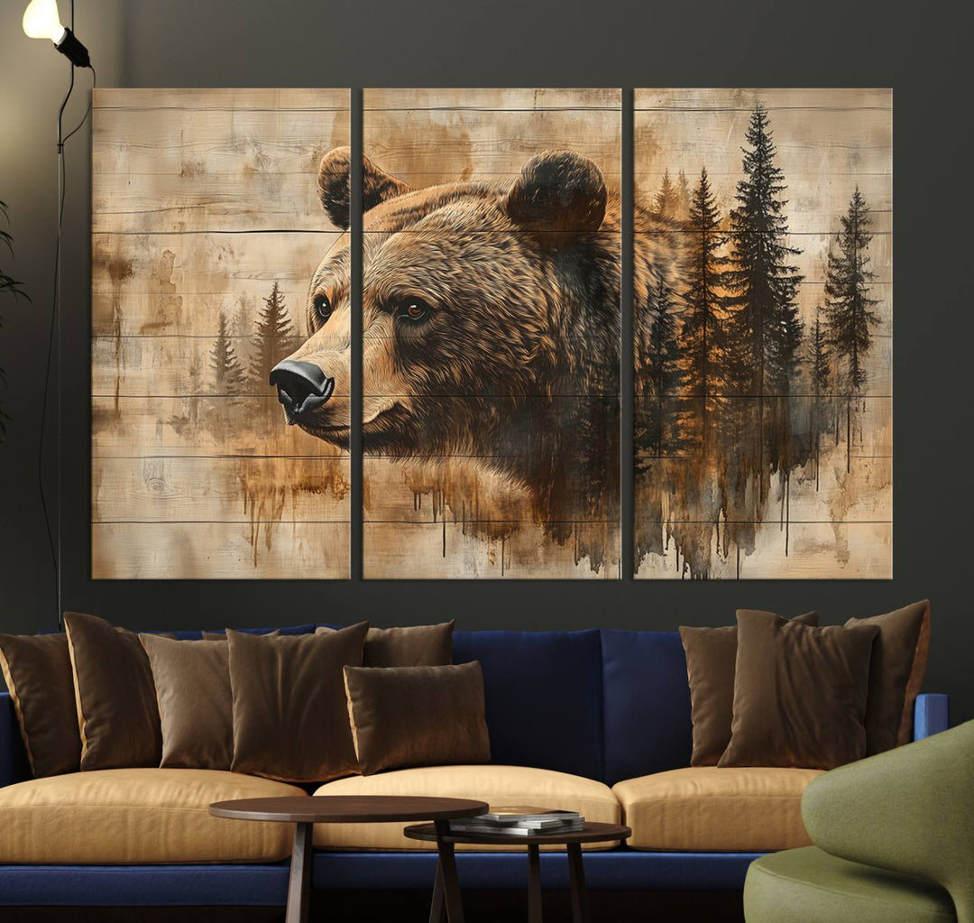 Abstract Rustic Grizzly Bear Wall Art Canvas Print - Woodland Wildlife Forest Print for Farmhouse Decor