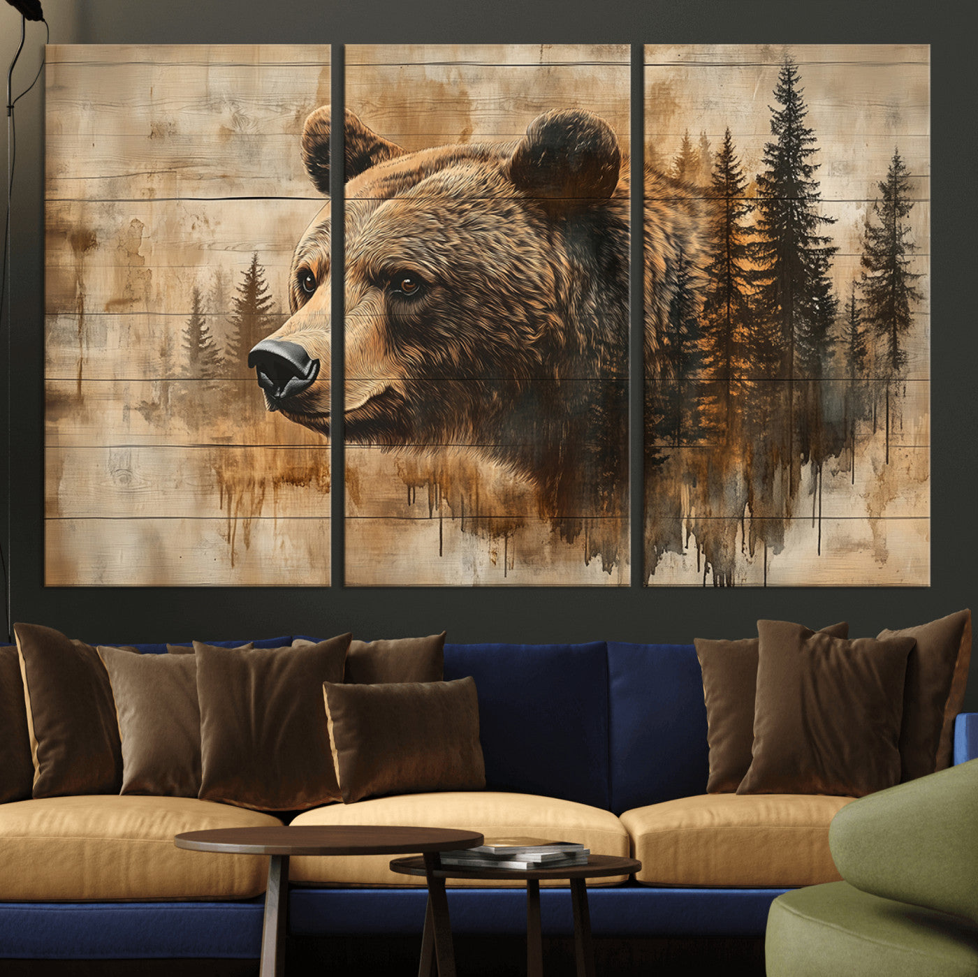 MGV-CV-48X32-3P - Rustic Grizzly Bear Wall Art, Abstract Grizzly 399 Bear Wall Art Canvas Print - Woodland Wildlife