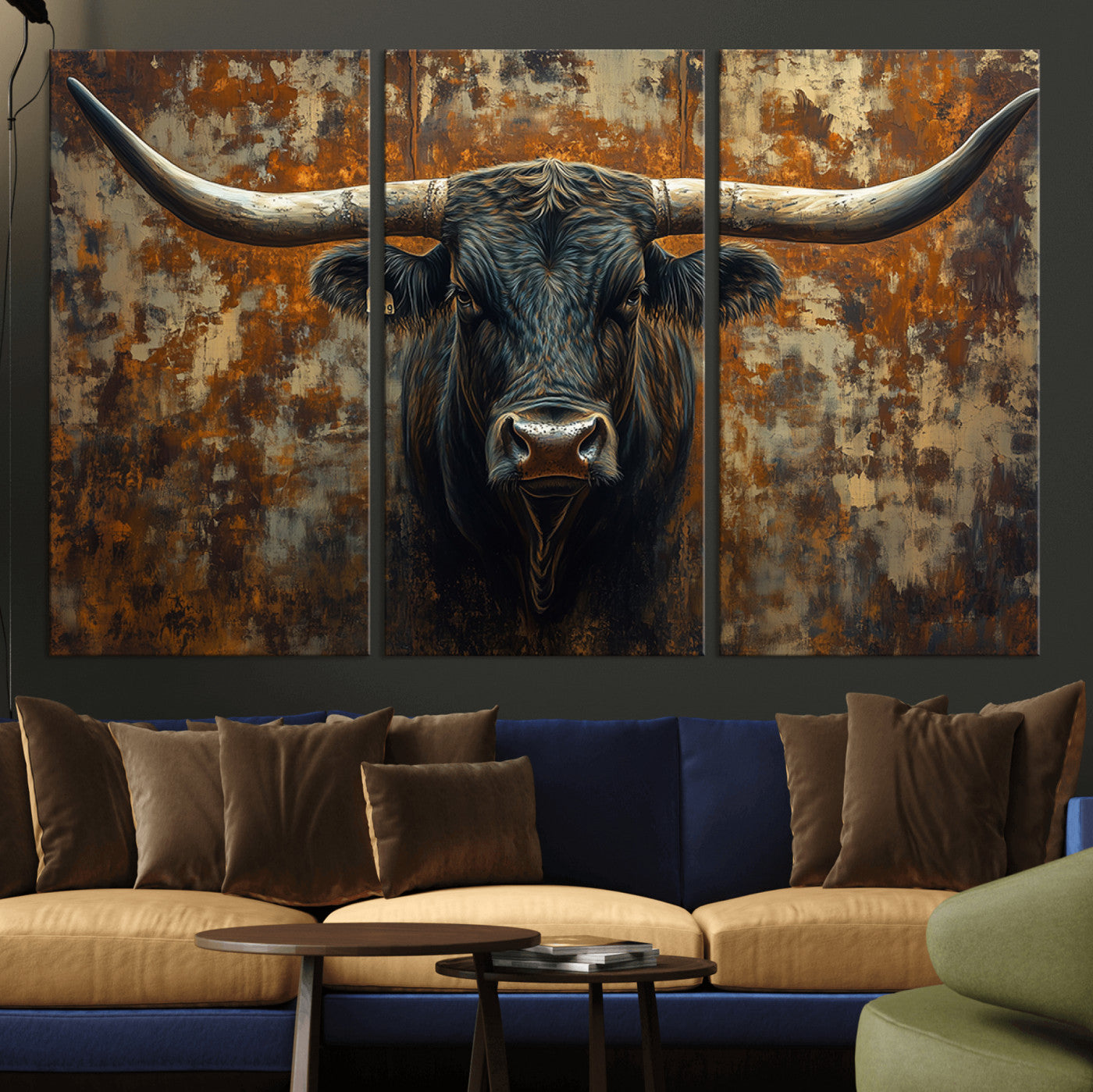 MGV-CV-48X32-3P - Longhorn Texas Cow Bull Wall Art | Rustic Farmhouse Canvas Print | Ready to Hang Barn Decor for