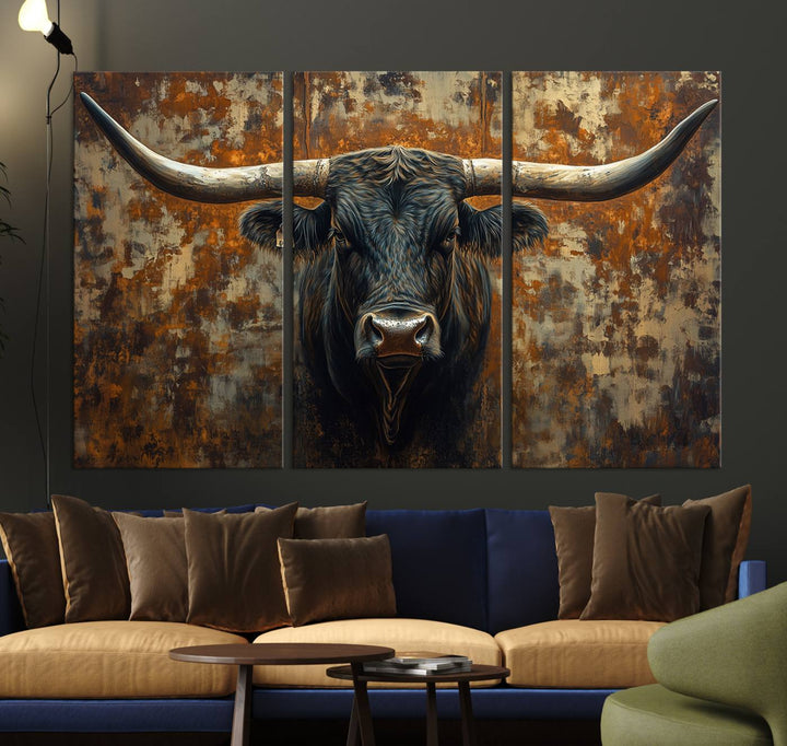 Abstract Longhorn Texas Bull Wall Art | Rustic Farmhouse Canvas Print | Ready to Hang Barn Decor for Farmhouse and Cabin Style