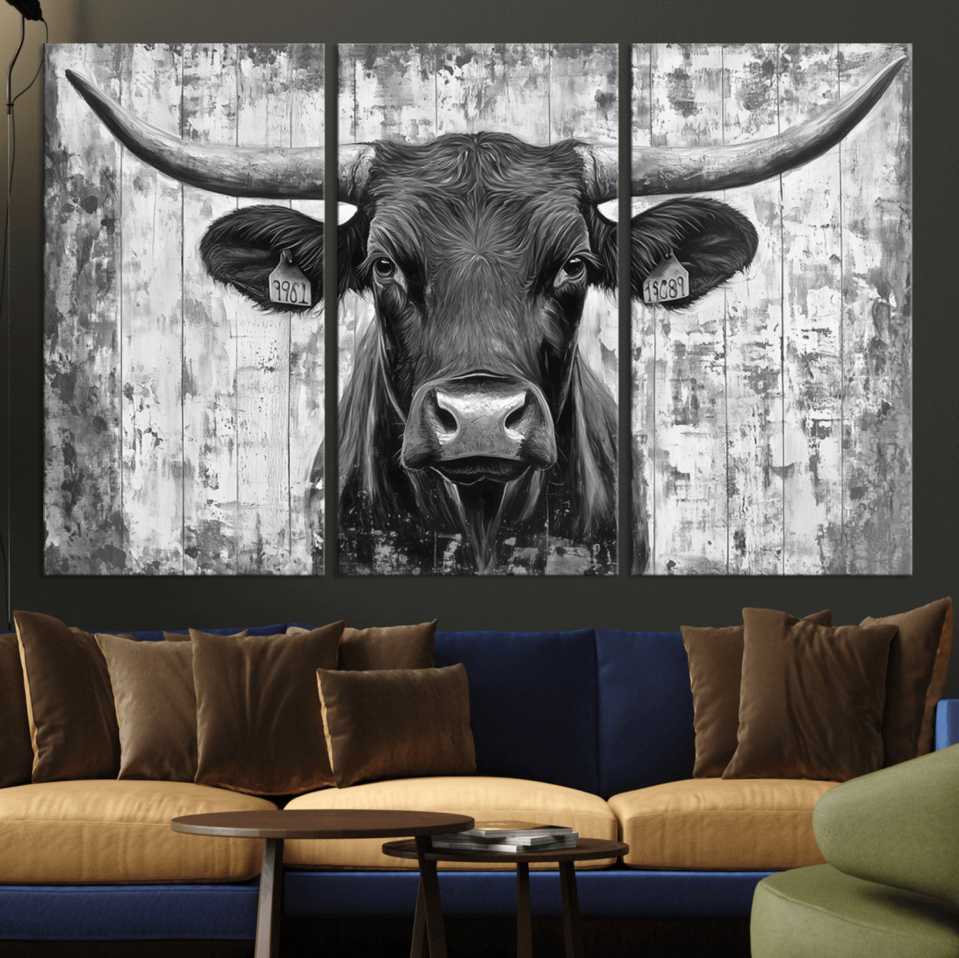 MGV-CV-48X32-3P - Abstract Longhorn Bull Wall Art Canvas Print - Rustic Texas Western Cow Artwork