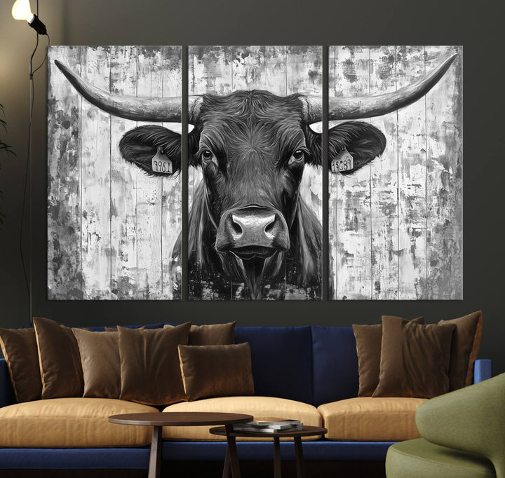 Abstract Longhorn Bull Wall Art Canvas Print - Rustic Texas Western Cow Artwork