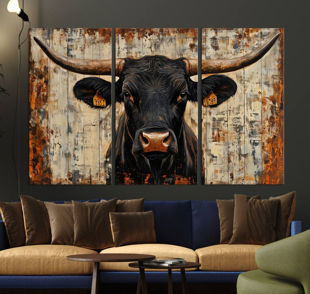 Abstract Cow Longhorn Bull Wall Art Canvas Print - Rustic Texas Western Cattle Artwork