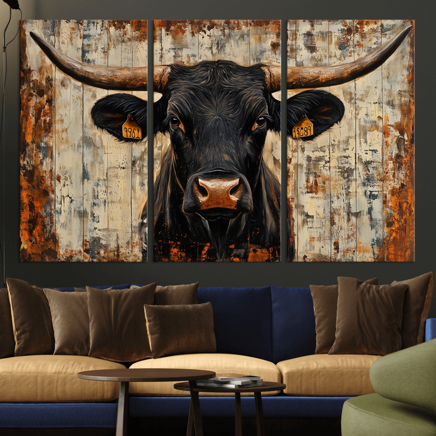 MGV-CV-48X32-3P - Rustic Texas Artwork Wall Art Canvas Print - Abstract Cow Longhorn Bull Wall Art Canvas Print