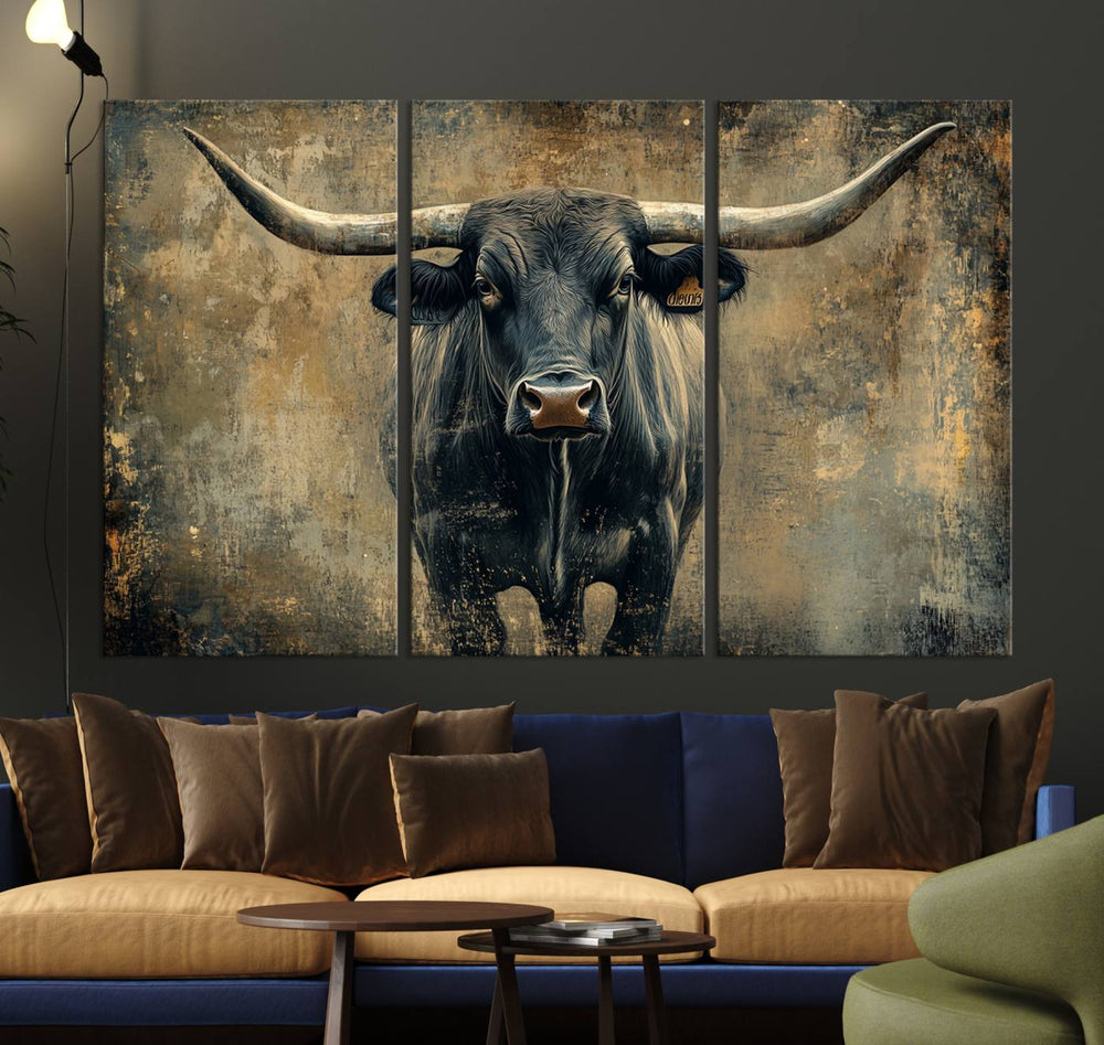 The Longhorn Bull Canvas Print features a bull with prominent horns facing forward, depicted in abstract Texas Western art style.