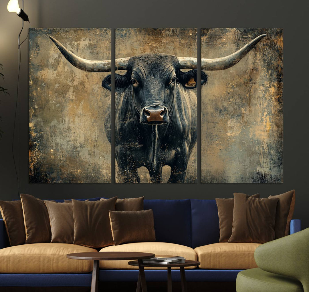 Abstract Cow Longhorn Bull Wall Art Canvas Print - Rustic Texas Western Cattle Artwork