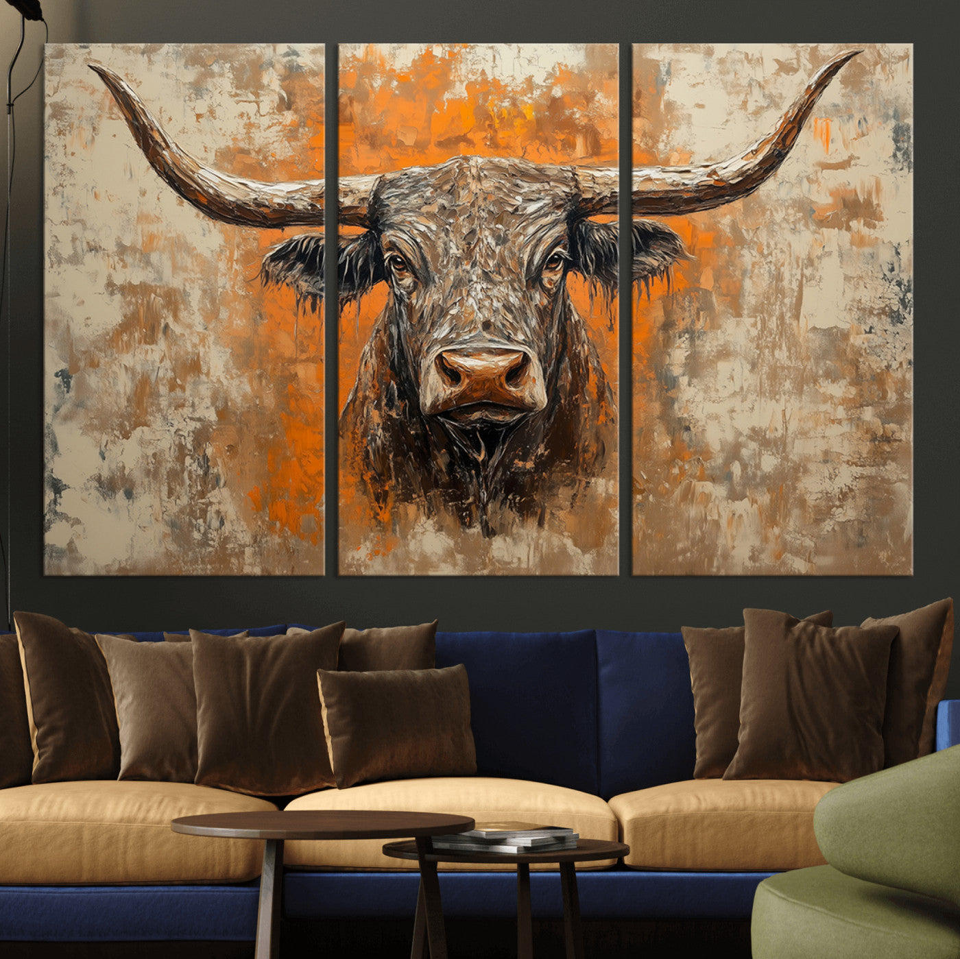 MGV-CV-48X32-3P - Abstract Cow Longhorn Bull Wall Art Canvas Print - Rustic Texas Western Cattle Artwork
