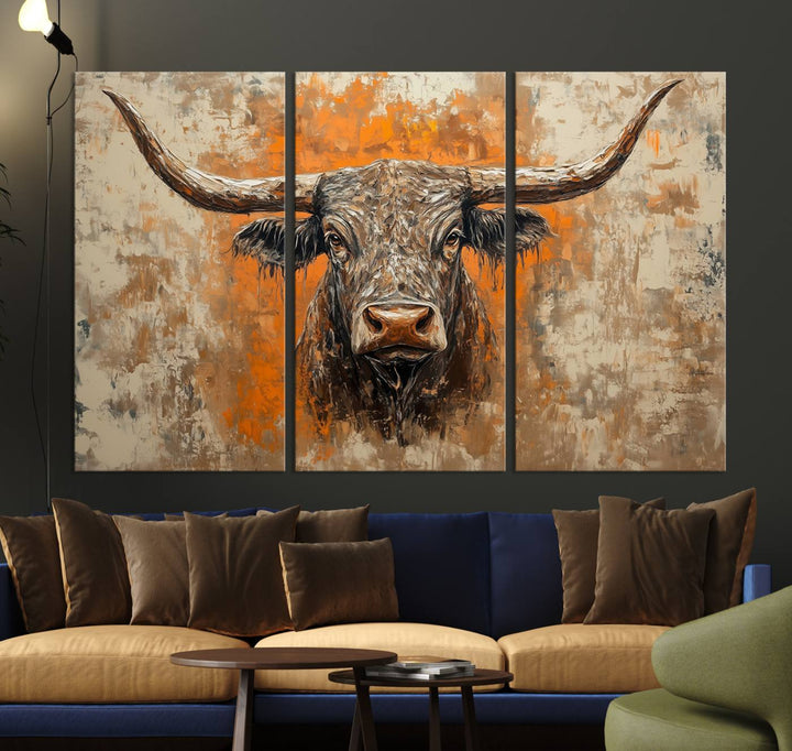 Abstract Cow Longhorn Bull Wall Art Canvas Print - Rustic Texas Western Cattle Artwork