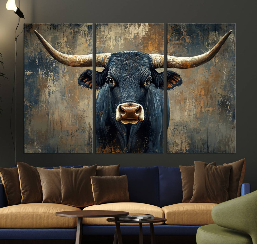 Abstract Cow Longhorn Bull Wall Art Canvas Print - Rustic Texas Western Cattle Artwork