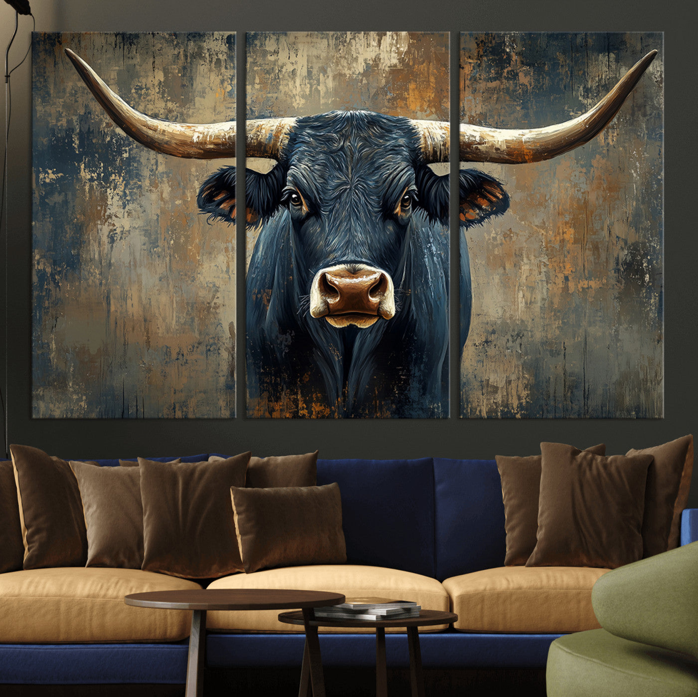 MGV-CV-48X32-3P - Texas Western Wall Art Canvas Print - Abstract Cow Longhorn Bull Wall Art Canvas Print - Rustic Cow