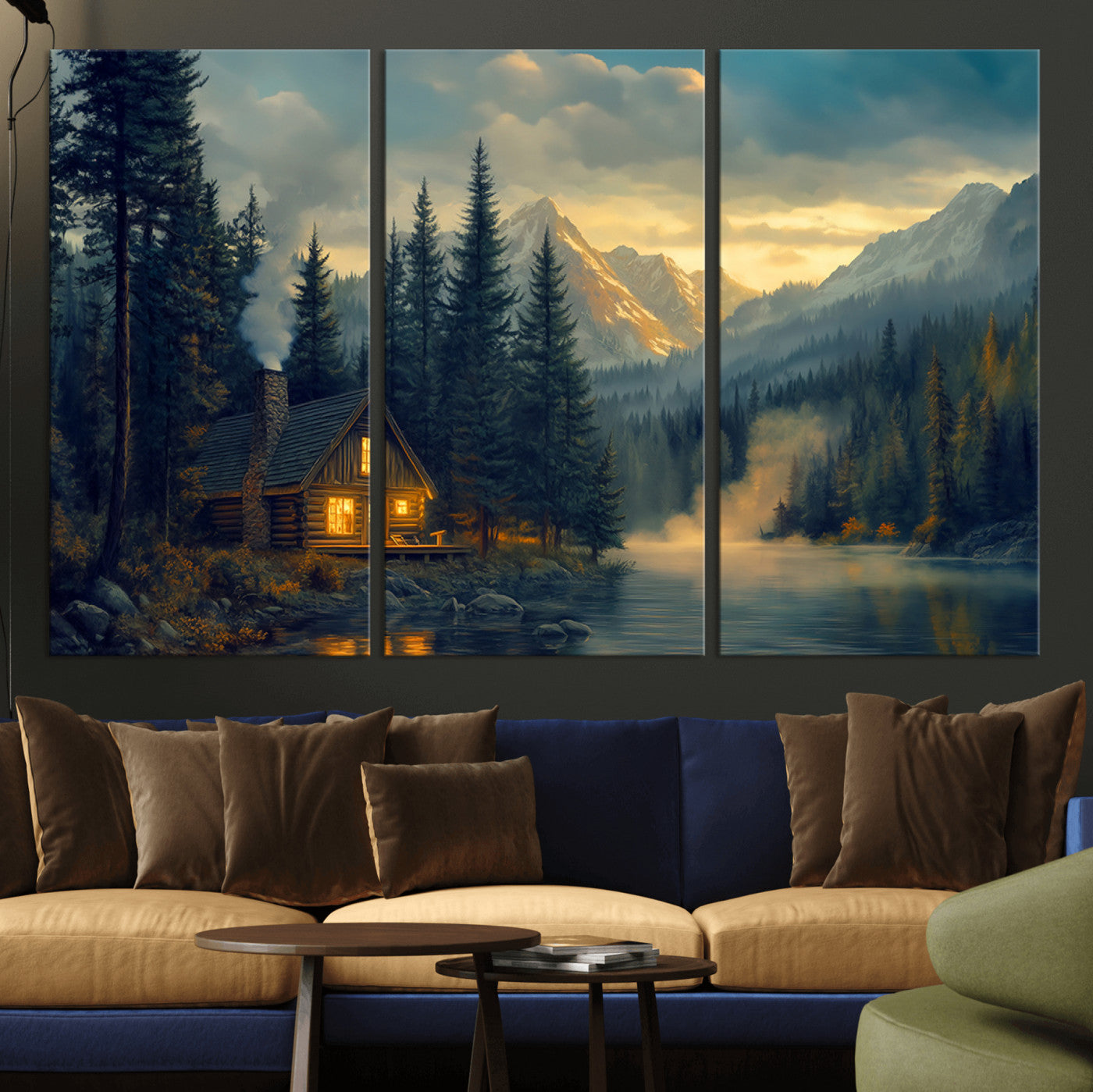 MGV-CV-48X32-3P - Mountain Cabin by the Lake at Sunset Wall Art - Serene Nature Canvas Print for Living Room Decor,