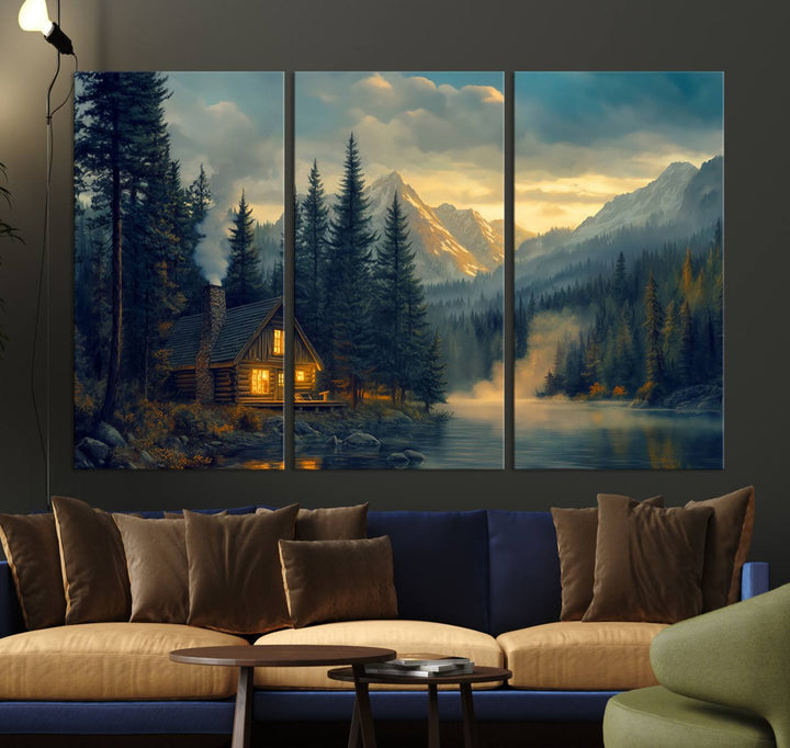 Mountain Cabin by the Lake at Sunset Wall Art - Serene Nature Canvas Print for Living Room Decor, Rustic Lodge Ambiance, 3-Panel Large Wall Art