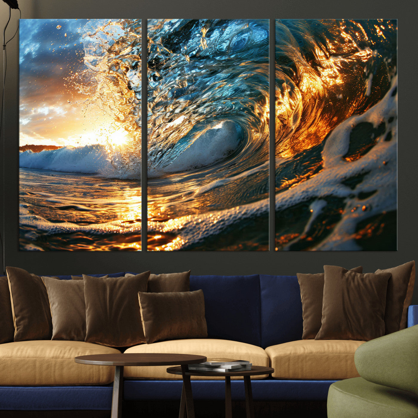 MGV-CV-48X32-3P - Ocean Wave at Sunset Canvas Wall Art – Vibrant Coastal Beach Waves Print, Large Nautical Decor,