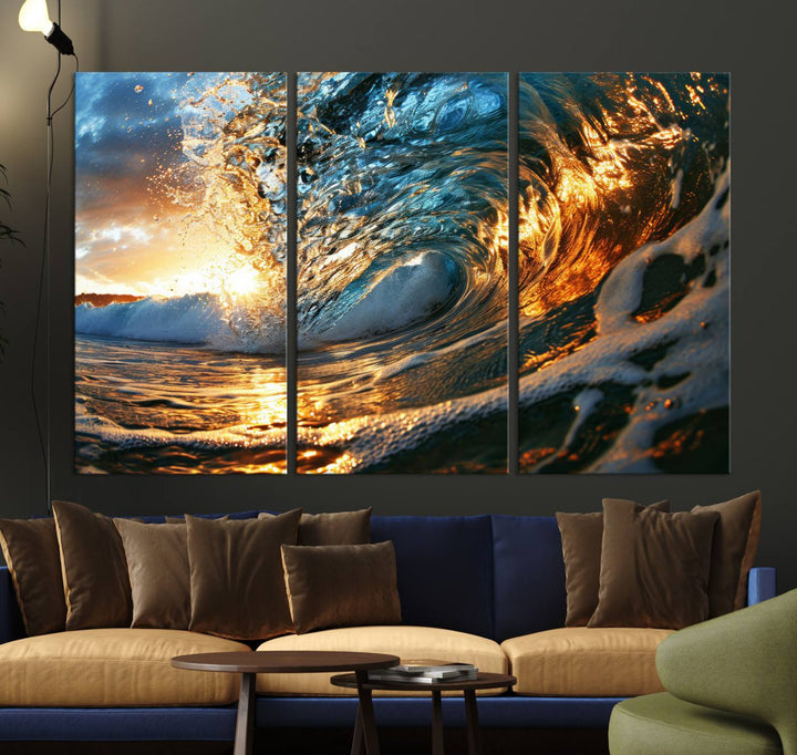 Ocean Wave at Sunset Wall Art | Ready to Hang Triptych Canvas Print | Coastal Wall Art for Living Room | Nautical and Beach House Decor