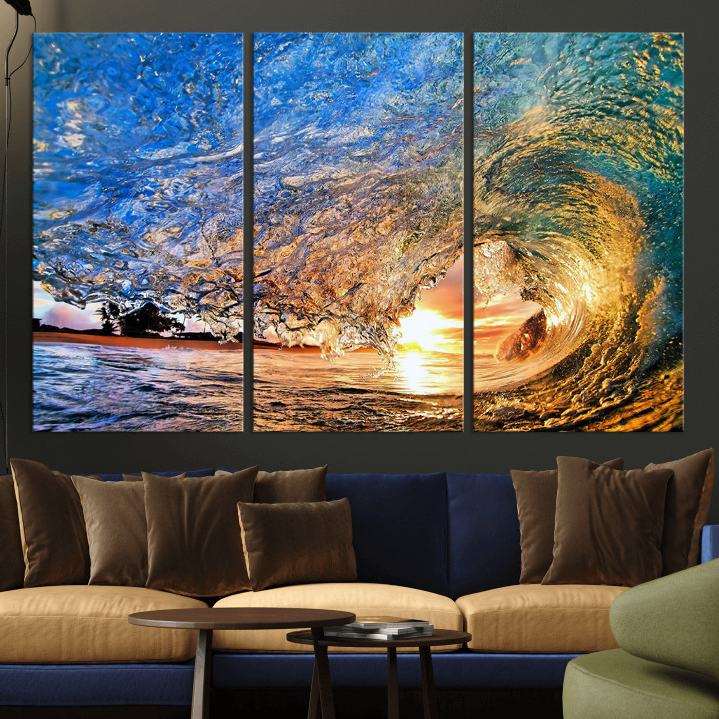 MGV-CV-48X32-3P - Ocean Wave at Sunset Canvas Wall Art – Vibrant Coastal Beach Waves Print, Large Nautical Decor,