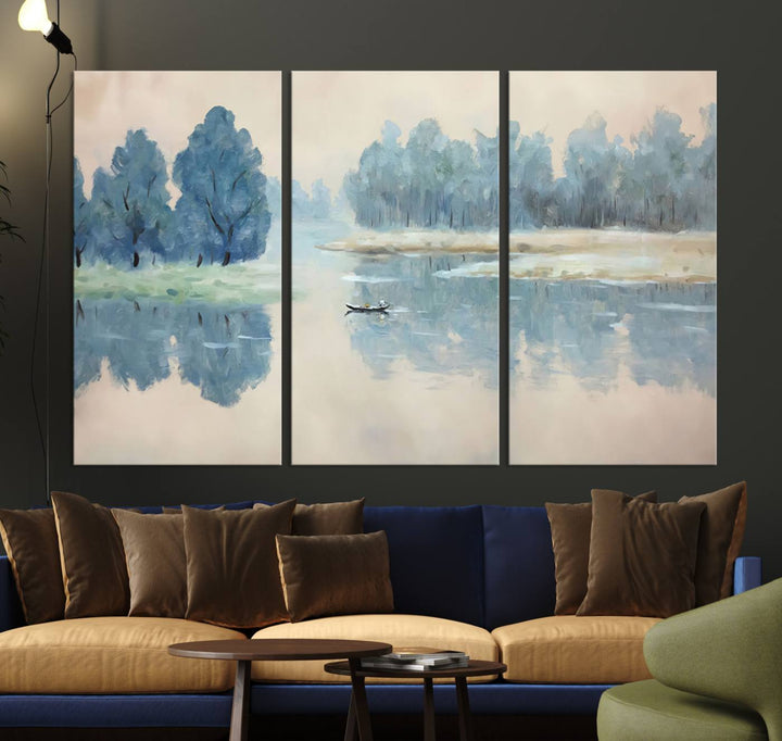 Landscape Printing Lake and Boat Scene | Serene Landscape Wall Art for Nature Lovers | Ready to Hang Triptych Canvas Print | Peaceful Blue Trees and Water Reflection Decor