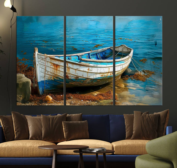Vintage Boat on Tranquil Waters | Coastal Wall Art for Nautical Decor | Rustic Triptych Canvas Print | Beach House Art for Coastal Home Decor