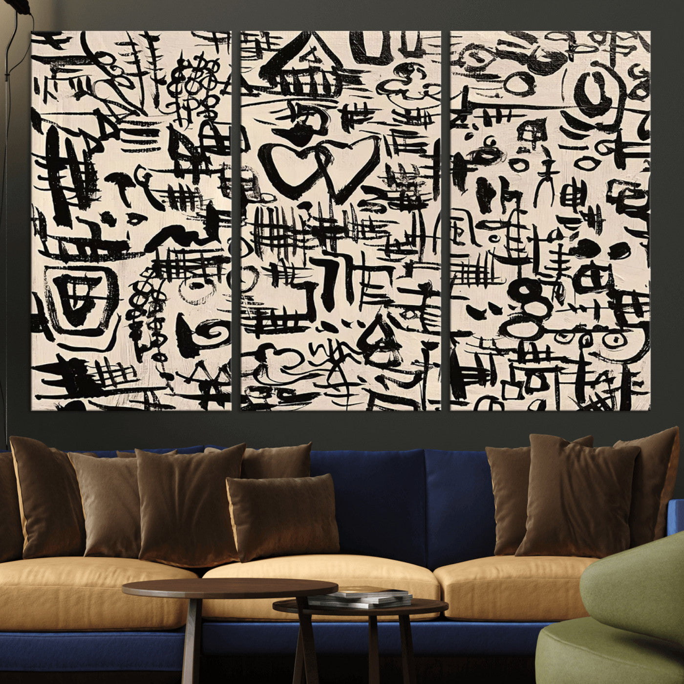 68273-MGV-CV-48X32-3P - Abstract Love and Chaos Canvas Print, Black Symbols on Beige