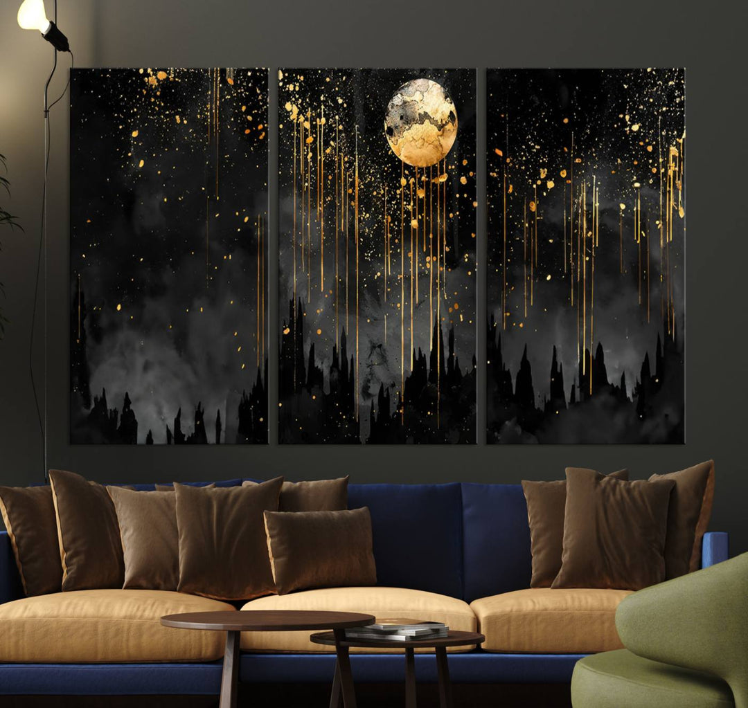 Gold Moon and Black Skyline Abstract Wall Art | Dark Modern Canvas Print with Dripping Gold Accents | Triptych Contemporary Homes