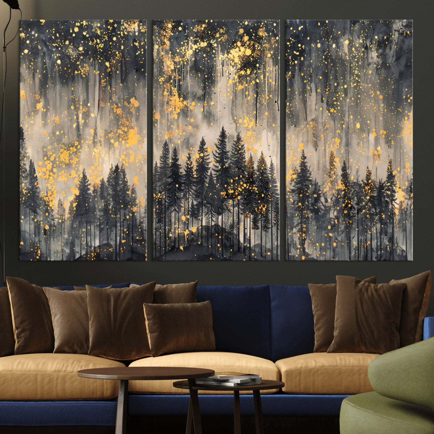 -Golden Forest Abstract Wall Art | Dark Forest with Gold Splatter Accents | Triptych Ready to Hang