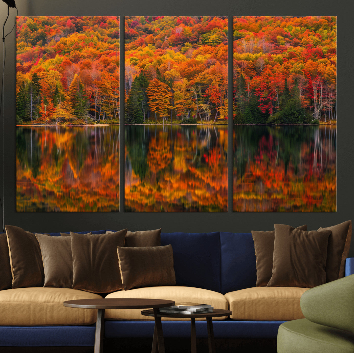 MGV-CV-48X32-3P - Fall Foliage Wall Art - Autumn Reflection Canvas Print, Stunning Fall Foliage Wall Art, Serene Lake