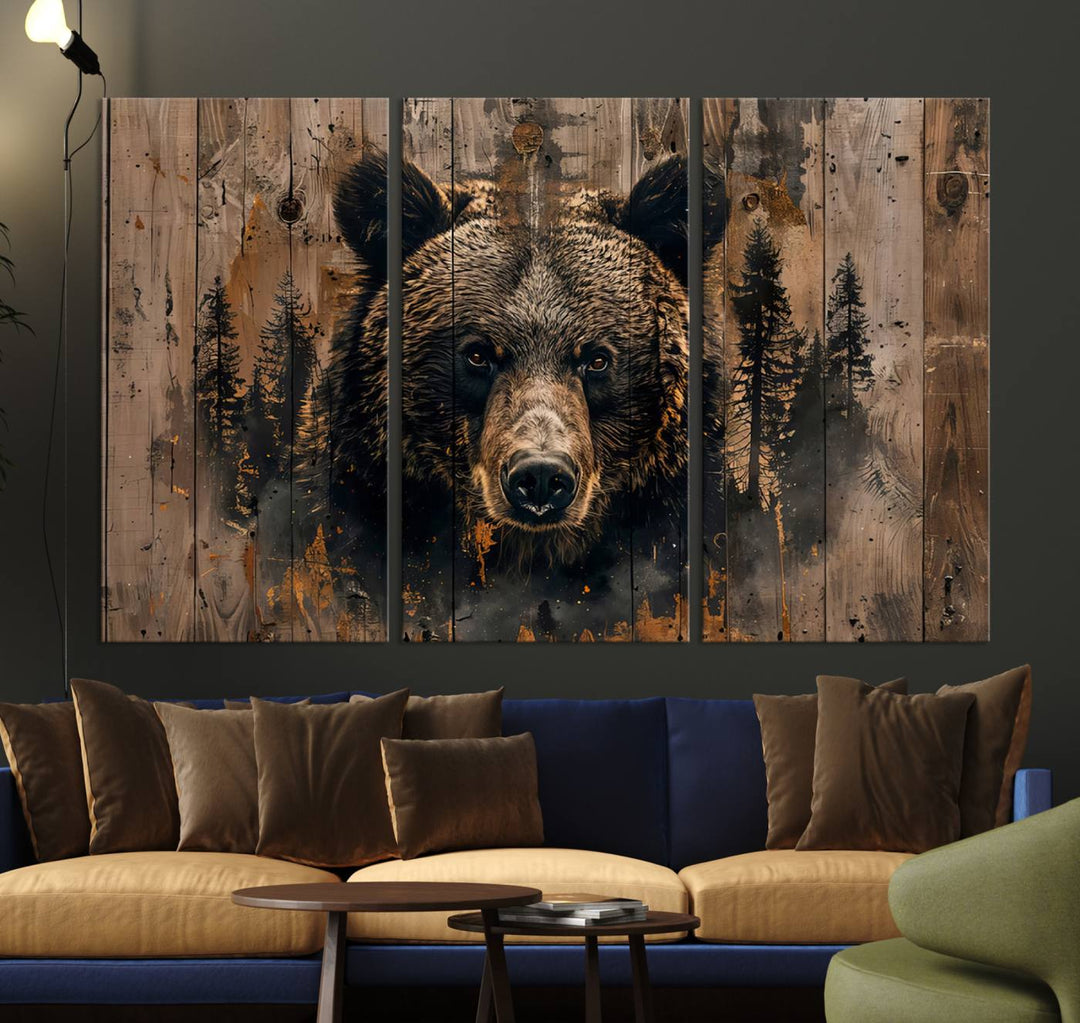 Rustic Bear Wall Art | Triptych Canvas Print | Rustic Cabin Wall Decor | Forest-Inspired Animal Art | Perfect for Farmhouse or Woodland Print